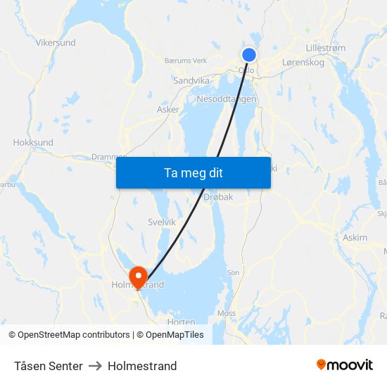 Tåsen Senter to Holmestrand map