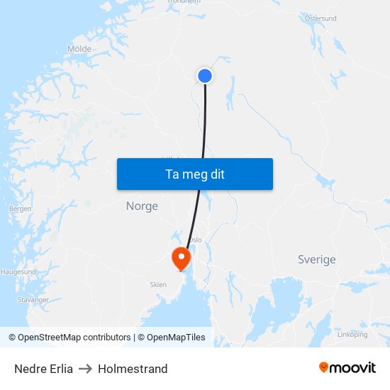 Nedre Erlia to Holmestrand map