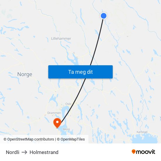 Nordli to Holmestrand map