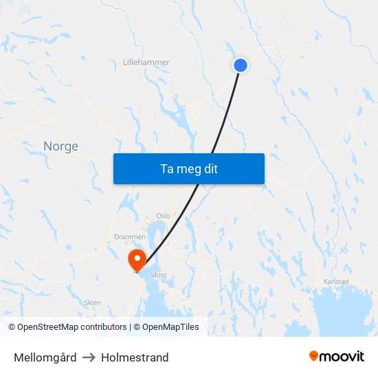 Mellomgård to Holmestrand map