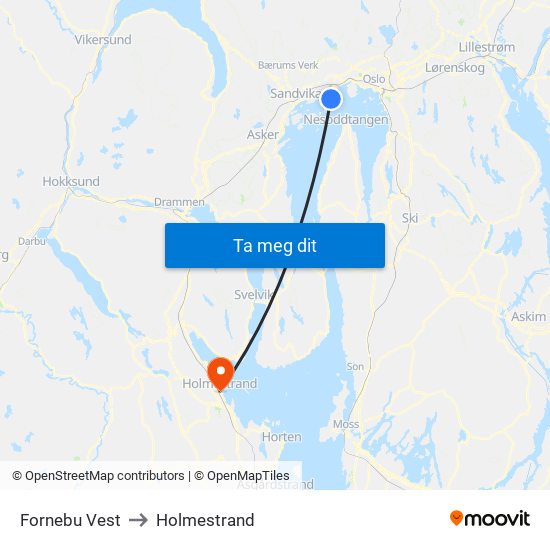 Fornebu Vest to Holmestrand map