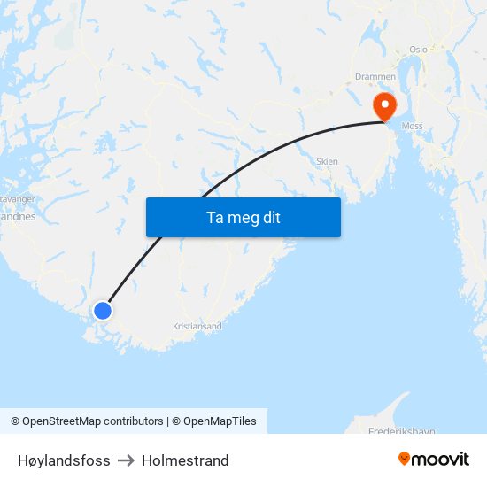 Høylandsfoss to Holmestrand map