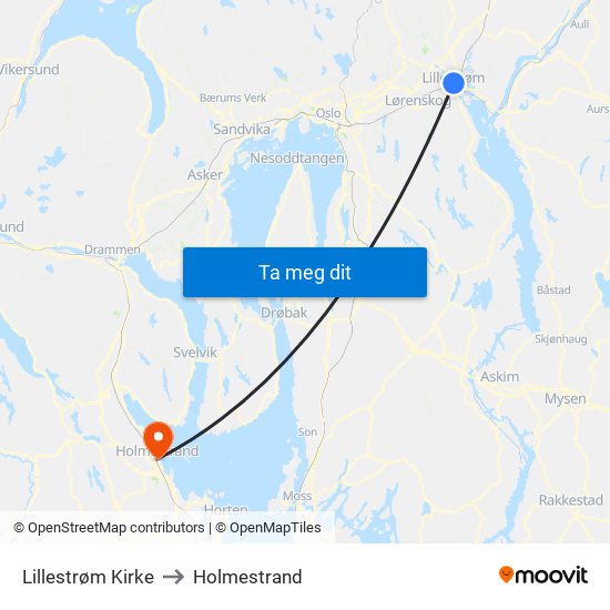 Lillestrøm Kirke to Holmestrand map