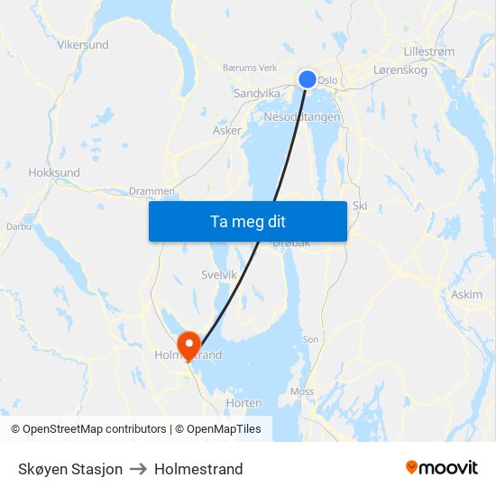 Skøyen Stasjon to Holmestrand map