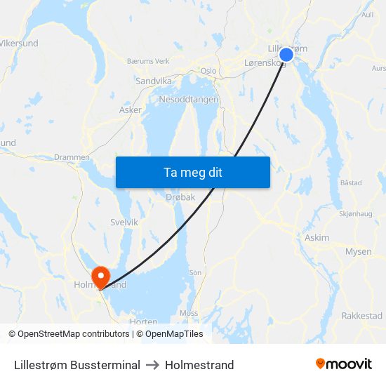 Lillestrøm Bussterminal to Holmestrand map