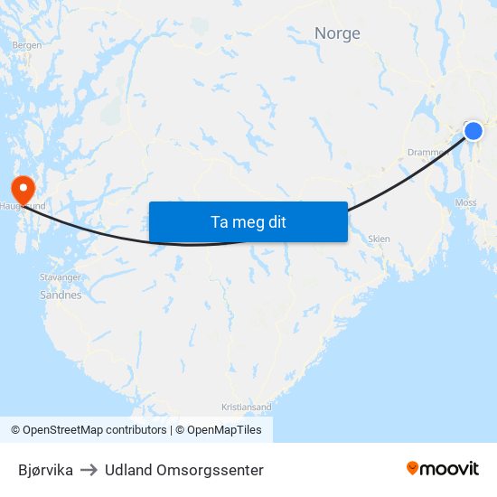 Bjørvika to Udland Omsorgssenter map
