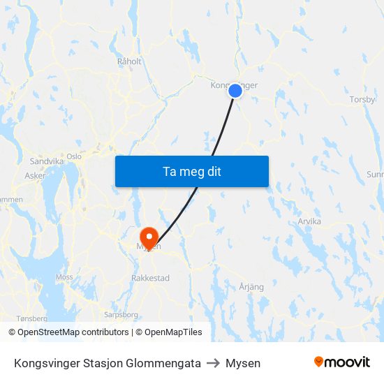 Kongsvinger Stasjon Glommengata to Mysen map