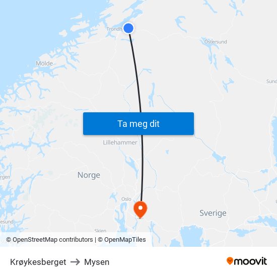 Krøykesberget to Mysen map