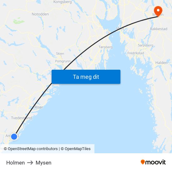 Holmen to Mysen map