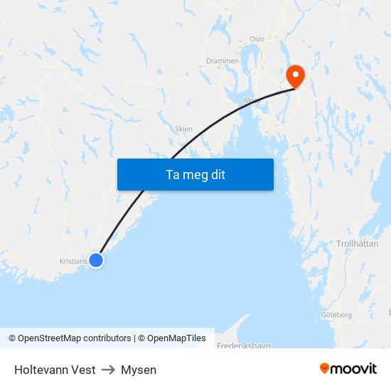 Holtevann Vest to Mysen map