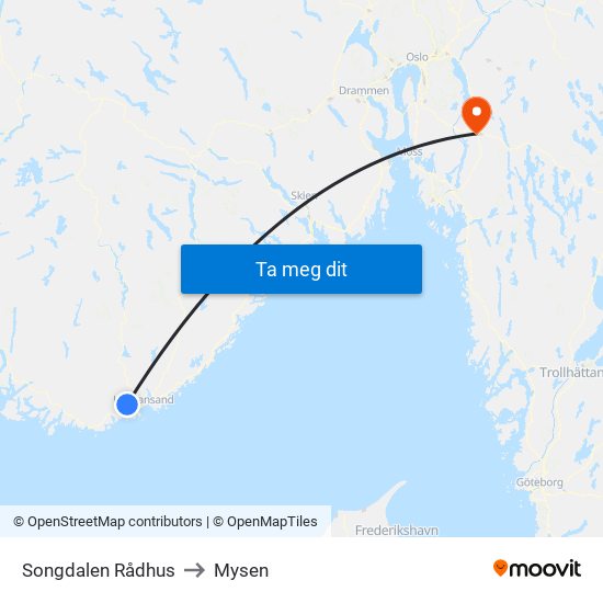 Songdalen Rådhus to Mysen map