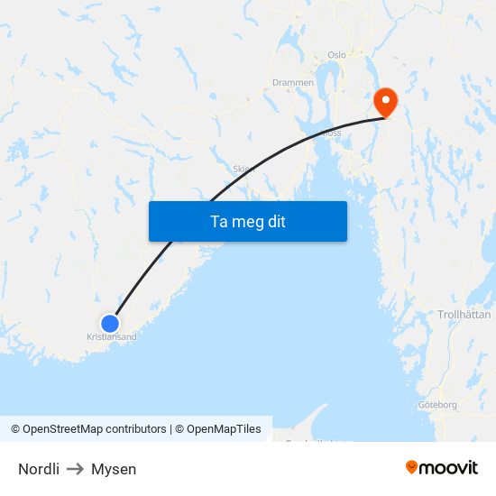 Nordli to Mysen map