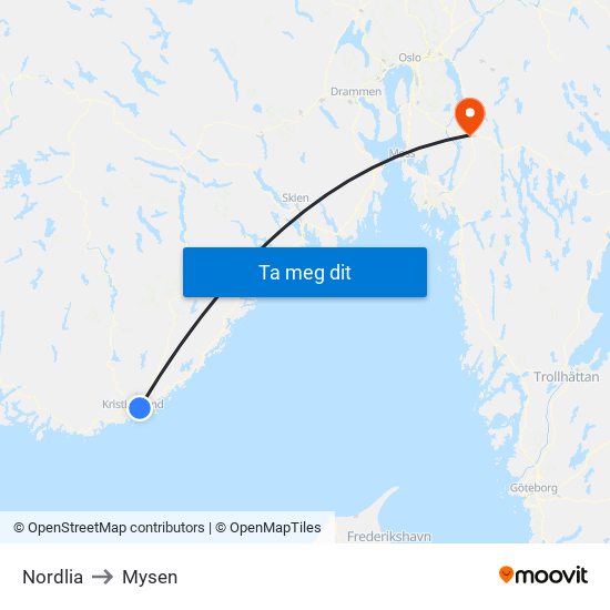 Nordlia to Mysen map