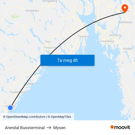 Arendal Bussterminal to Mysen map
