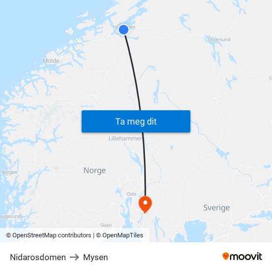 Nidarosdomen to Mysen map