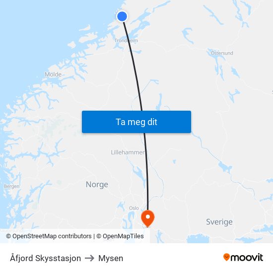 Åfjord Skysstasjon to Mysen map