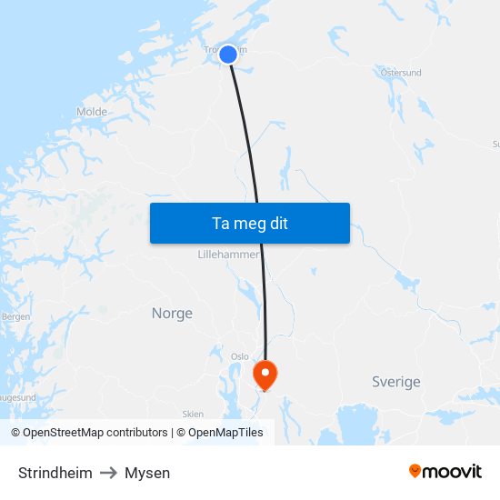 Strindheim to Mysen map