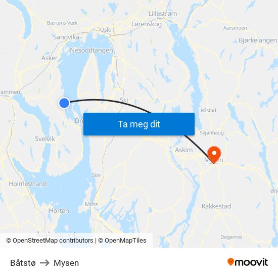 Båtstø to Mysen map