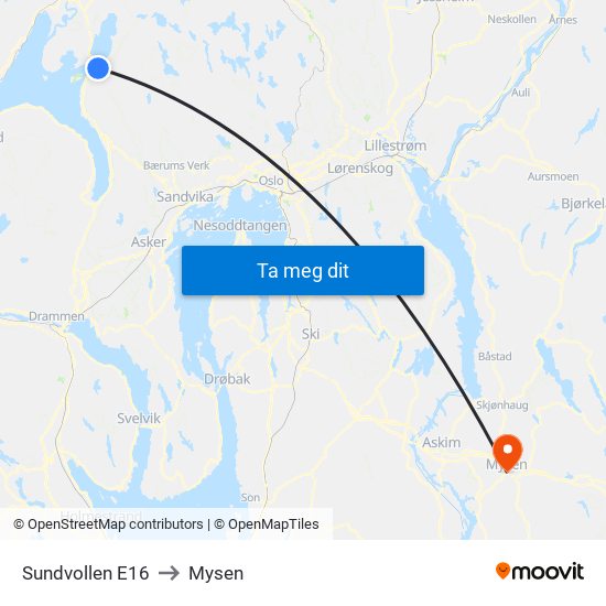 Sundvollen E16 to Mysen map