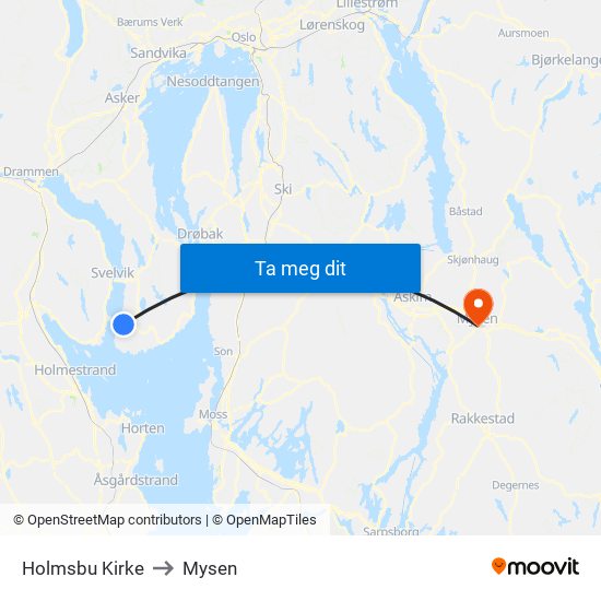Holmsbu Kirke to Mysen map
