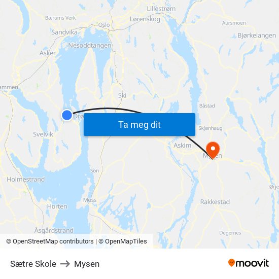 Sætre Skole to Mysen map