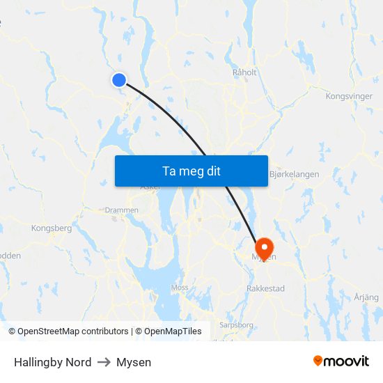 Hallingby Nord to Mysen map