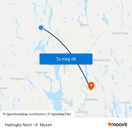 Hallingby Nord to Mysen map