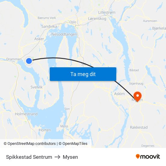 Spikkestad Sentrum to Mysen map