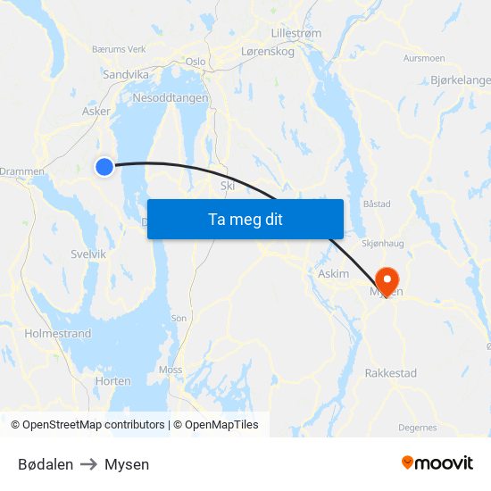 Bødalen to Mysen map