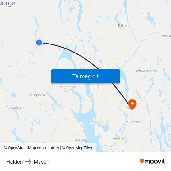 Halden to Mysen map