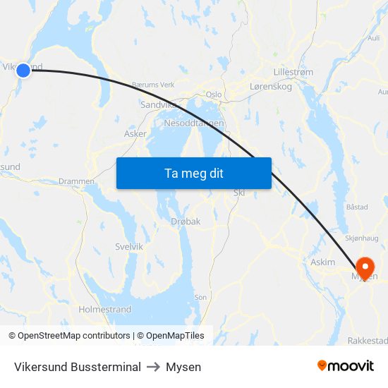 Vikersund Bussterminal to Mysen map