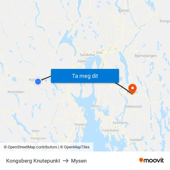 Kongsberg Knutepunkt to Mysen map