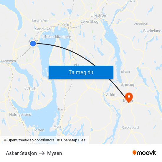 Asker Stasjon to Mysen map