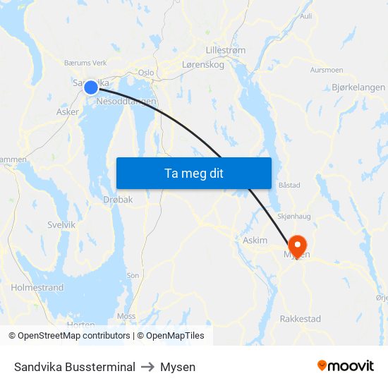 Sandvika Bussterminal to Mysen map