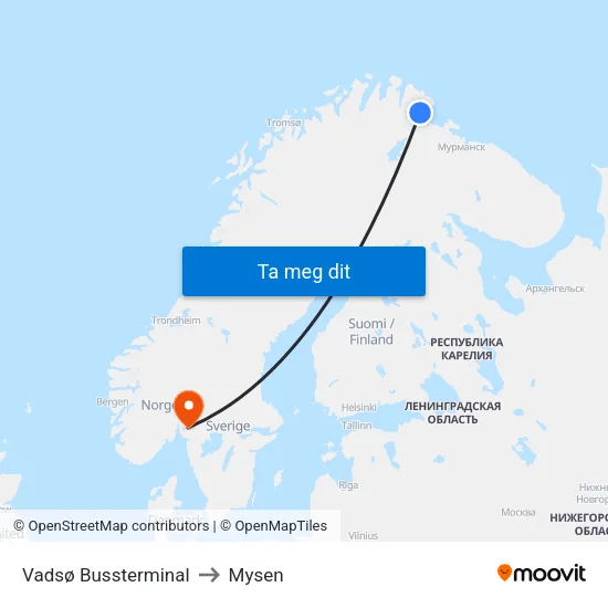 Vadsø Bussterminal to Mysen map