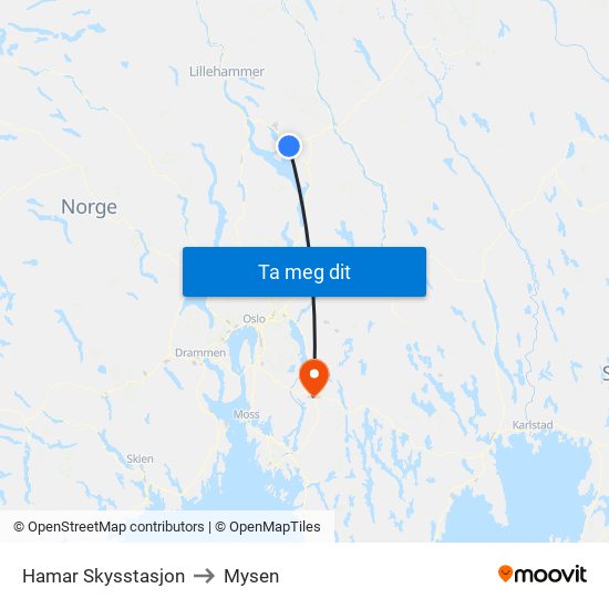 Hamar Skysstasjon to Mysen map