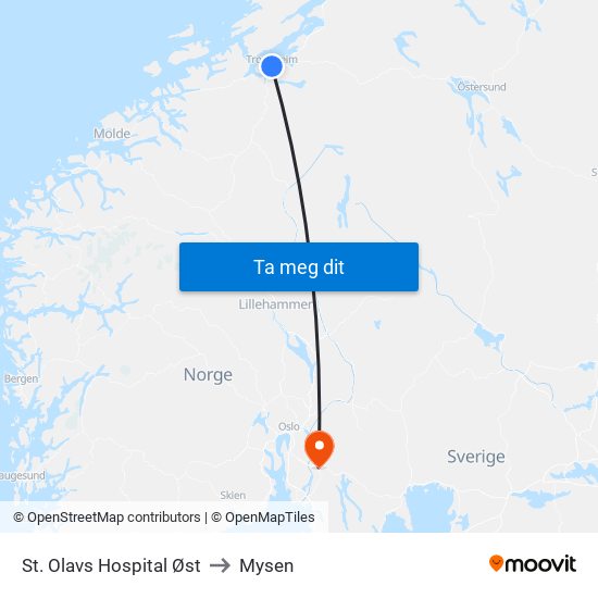 St. Olavs Hospital Øst to Mysen map