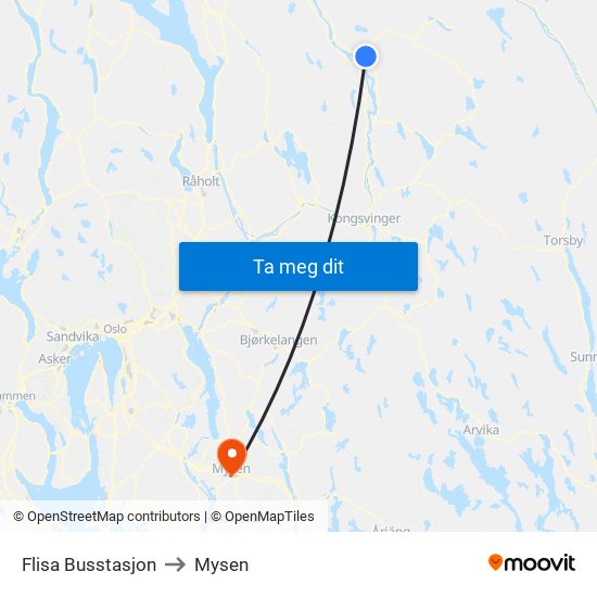 Flisa Busstasjon to Mysen map