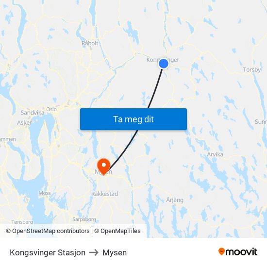 Kongsvinger Stasjon to Mysen map