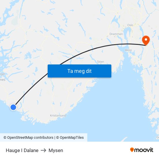 Hauge I Dalane to Mysen map