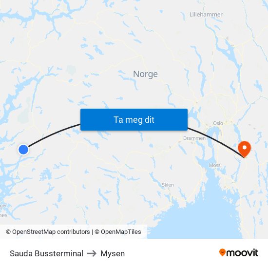 Sauda Bussterminal to Mysen map