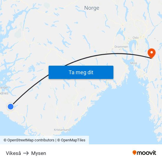 Vikeså to Mysen map