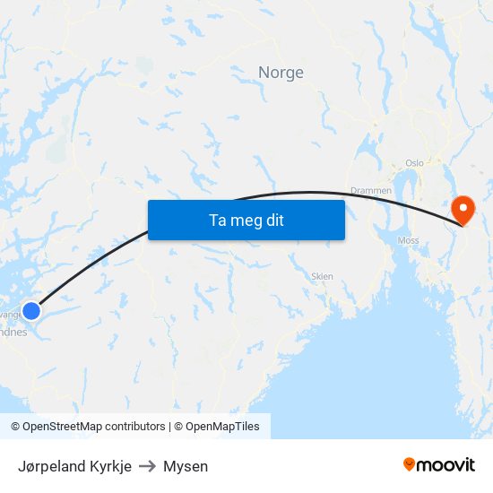 Jørpeland Kyrkje to Mysen map