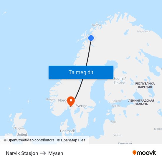 Narvik Stasjon to Mysen map
