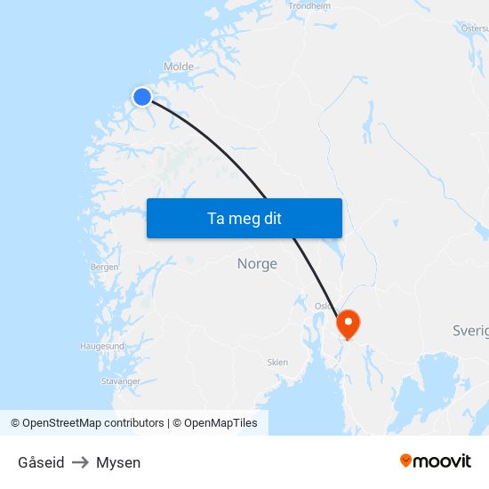 Gåseid to Mysen map