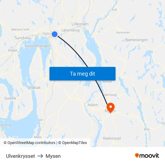 Ulvenkrysset to Mysen map