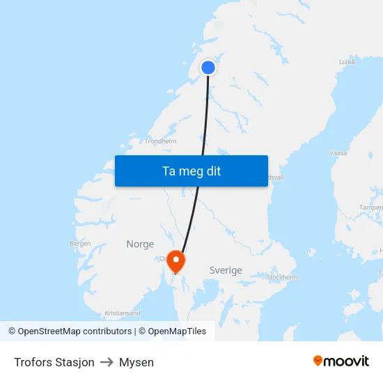 Trofors Stasjon to Mysen map