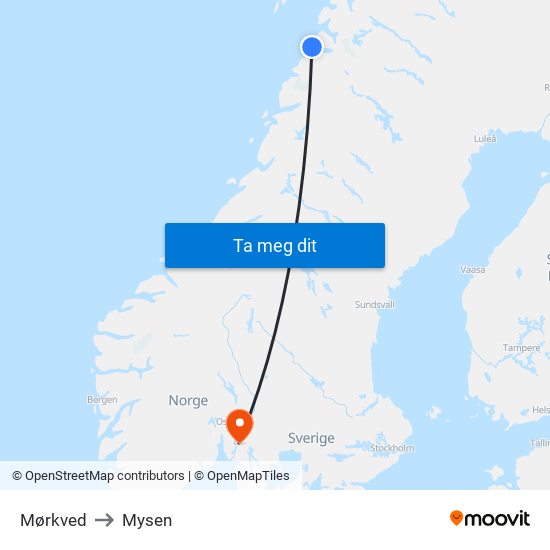 Mørkved to Mysen map