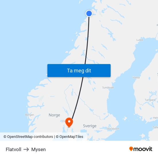Flatvoll to Mysen map