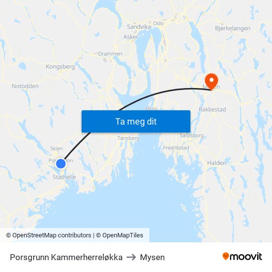 Porsgrunn Kammerherreløkka to Mysen map